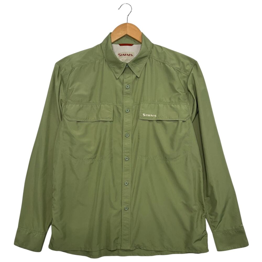 Simms Fishing Shirt Mens Large Green Button Up Long Sleeve Outdoor Angler Hiking